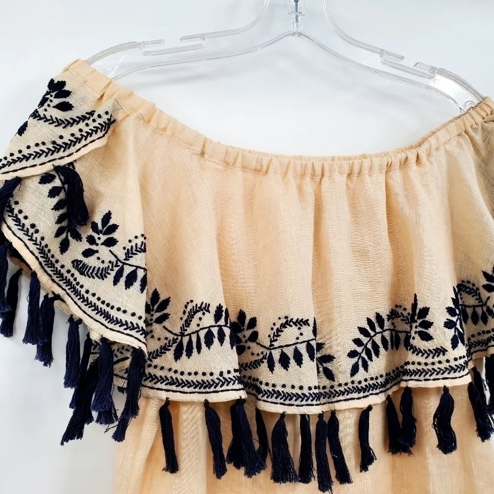 St. Roche 100% Linen Off Shoulder Embroidered Tassel Mini Dress